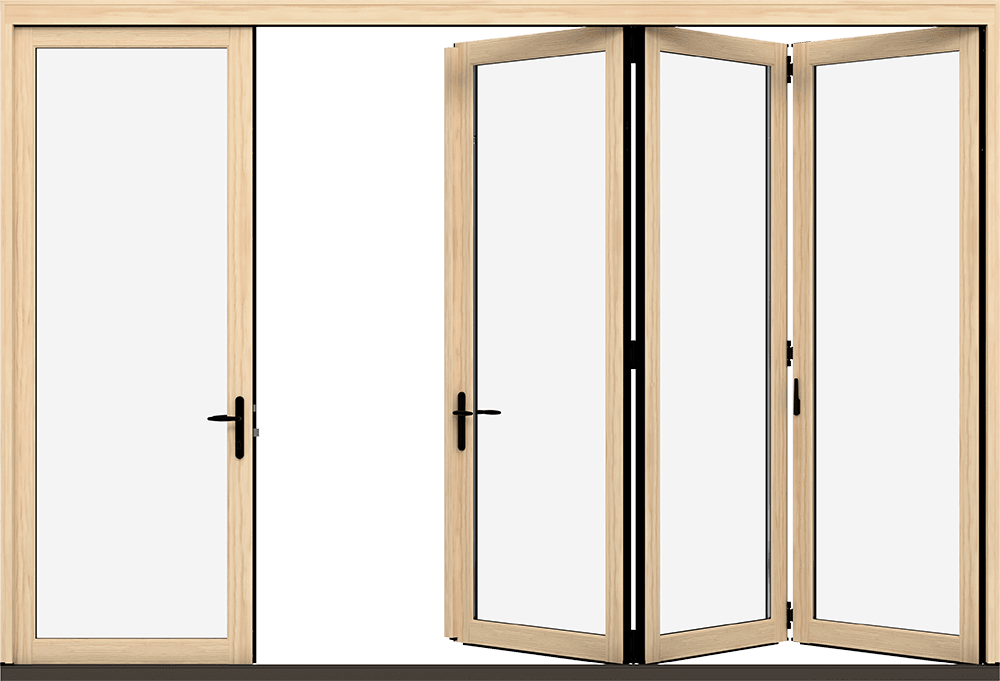 A product photo of a Marvin Elevate Bi-Fold door, open, interior view.