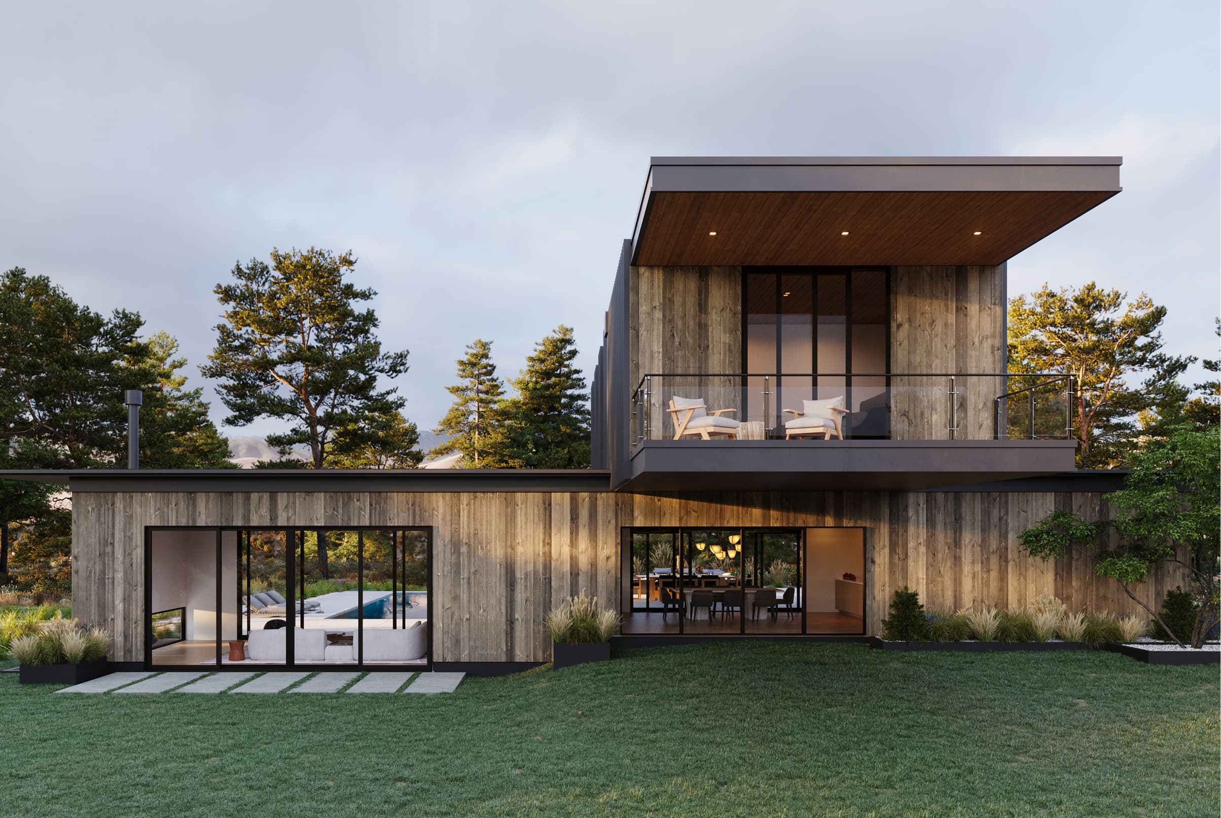 Modern home exterior featuring black Marvin Sliding doors.
