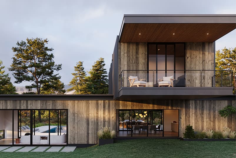 Modern home exterior with black Marvin Modern Sliding Doors.