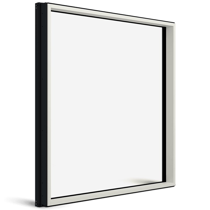 Angled view of a white Marvin Modern Direct Glaze window.